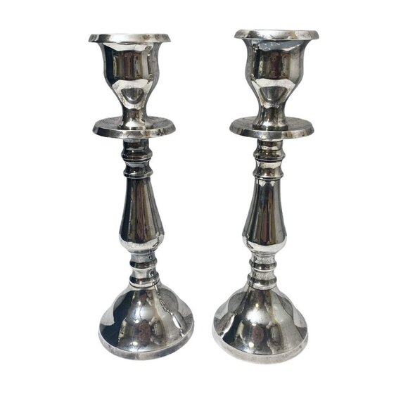POTTERY BARN Candlesticks Pair Silvertone Metal 8.5" Candle Holders - Picture 5 of 7